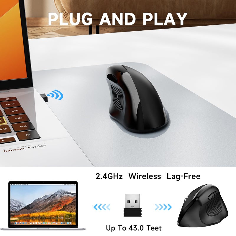 memzuoix Ergonomic Wireless Mouse, 2.4G Optical Cordless, 800/1200/1600 DPI, Vertical Computer Mouse for Laptop, Mac, PC, Desktop (Right Hand, Large) - Black - Image 4